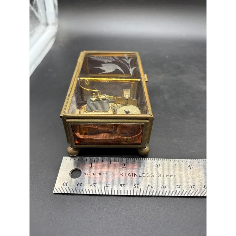 Vintage Sankyo Glass Brass Music Box Etched Bird Pink Rose Send in the Clowns